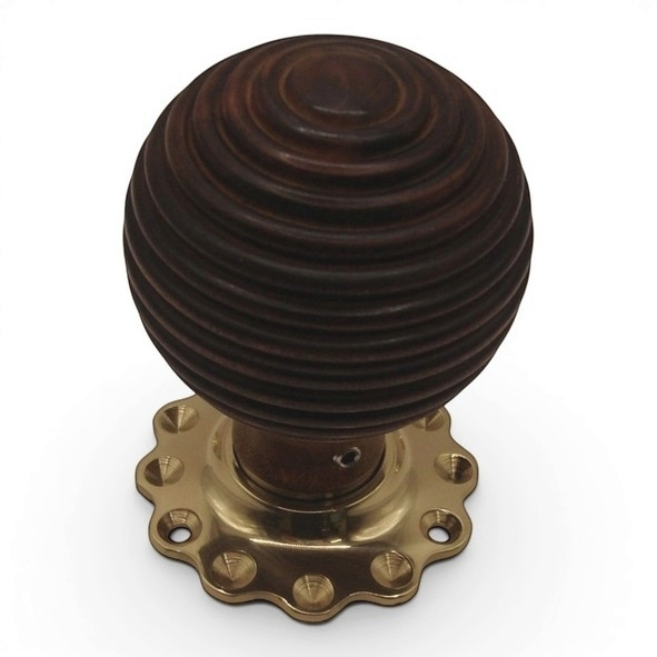 PDF1015F2/PB  Rosewood / Polished Brass  Period Timber Round Beehive Mortice / Rim Knob Set With Flower Roses